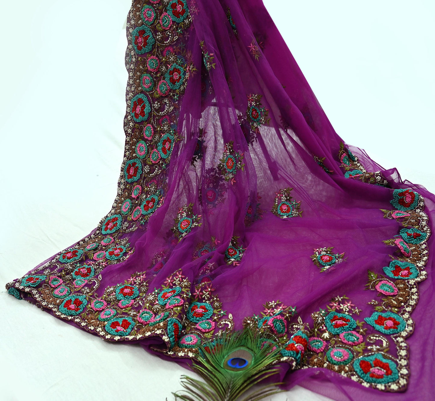 Indian Pre-Owned Sari Purple Net/Mesh Hand Embroidered Designer Manish Malhotra Sarees 6Yd Ethnic Zardozi/Dabka Zari Wedding Saree