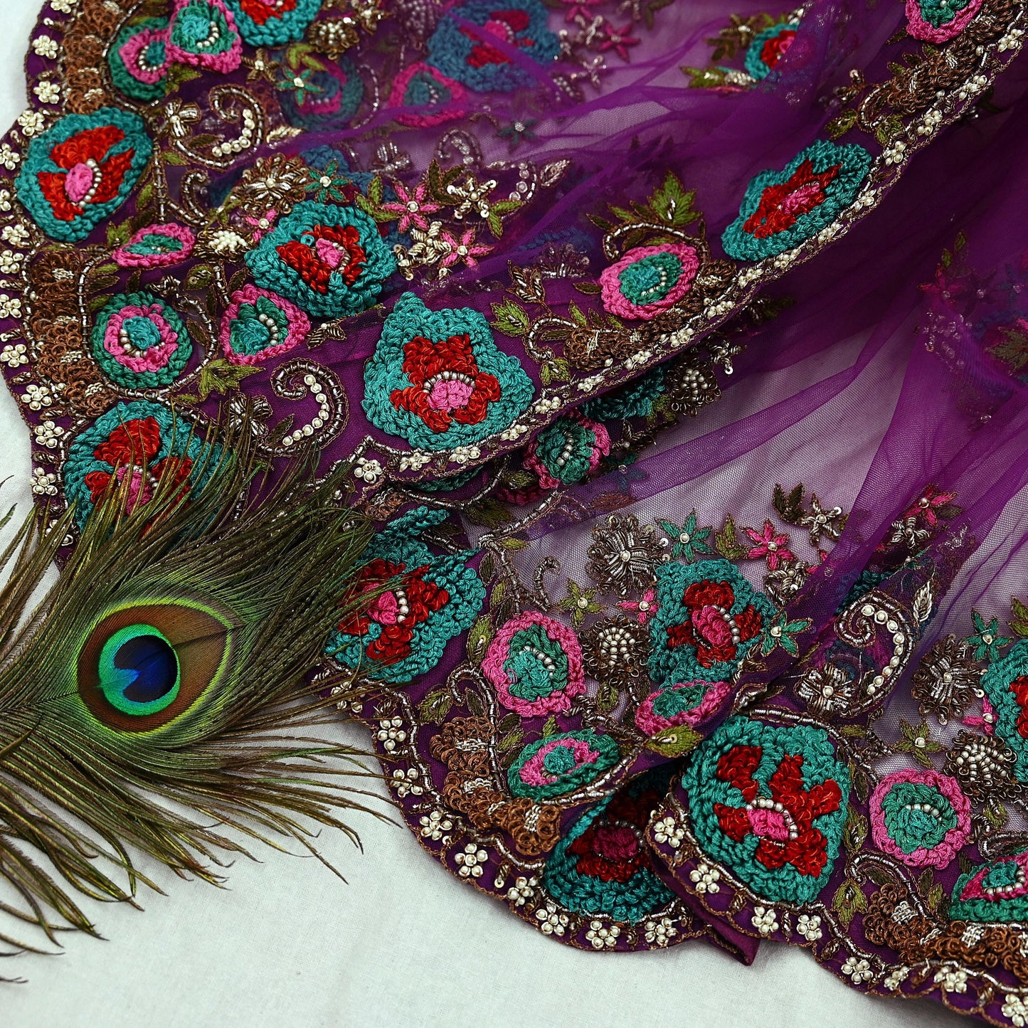 Indian Pre-Owned Sari Purple Net/Mesh Hand Embroidered Designer Manish Malhotra Sarees 6Yd Ethnic Zardozi/Dabka Zari Wedding Saree