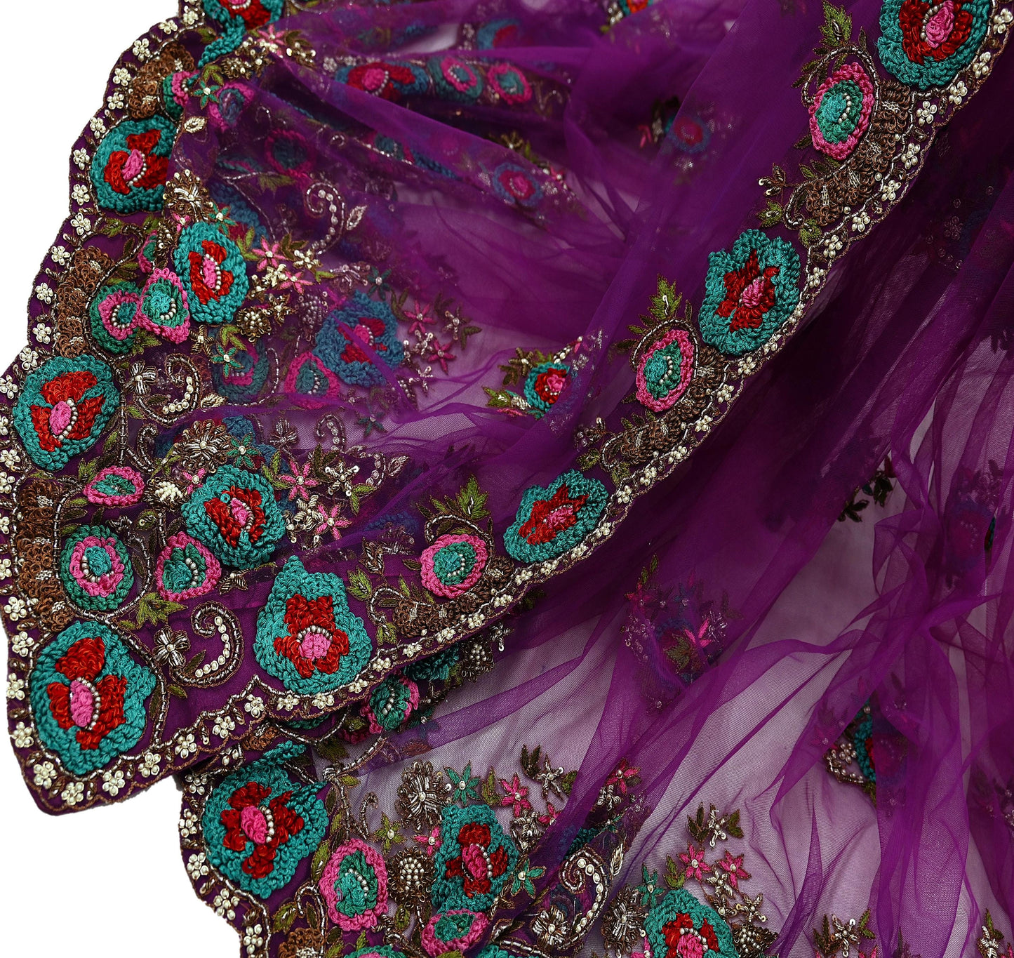 Indian Pre-Owned Sari Purple Net/Mesh Hand Embroidered Designer Manish Malhotra Sarees 6Yd Ethnic Zardozi/Dabka Zari Wedding Saree