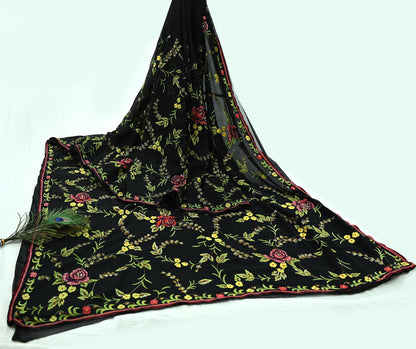 Indian Pre-owned Heavy Sari Black Pure Georgette Silk Hand Embroidered Sarees Designer Abu Jani 6Yd Sewing Ethnic Bollywood Designer Sarees