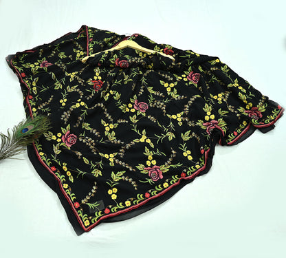 Indian Pre-owned Heavy Sari Black Pure Georgette Silk Hand Embroidered Sarees Designer Abu Jani 6Yd Sewing Ethnic Bollywood Designer Sarees