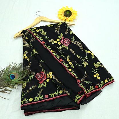 Indian Pre-owned Heavy Sari Black Pure Georgette Silk Hand Embroidered Sarees Designer Abu Jani 6Yd Sewing Ethnic Bollywood Designer Sarees