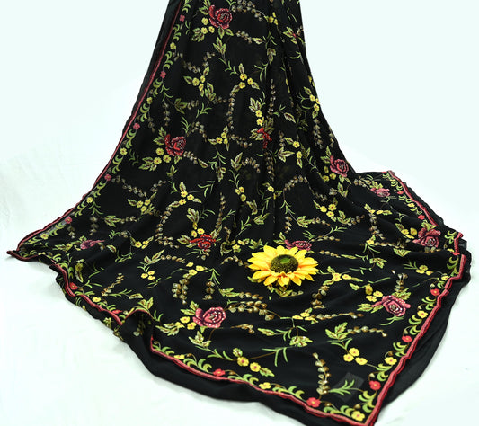 Indian Pre-owned Heavy Sari Black Pure Georgette Silk Hand Embroidered Sarees Designer Abu Jani 6Yd Sewing Ethnic Bollywood Designer Sarees