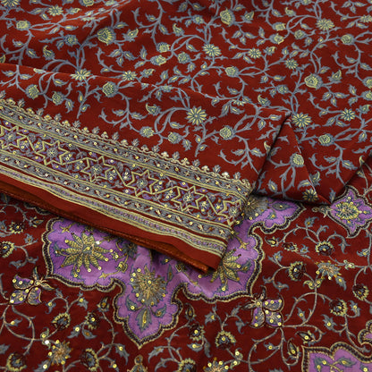 Indian Pre-Owned Sari Brown Pure Crepe Silk Pre-owned Hand Embroidered Ritu Kumar Designer Sarees Fabric 5Yd Ethnic Bollywood Party sari