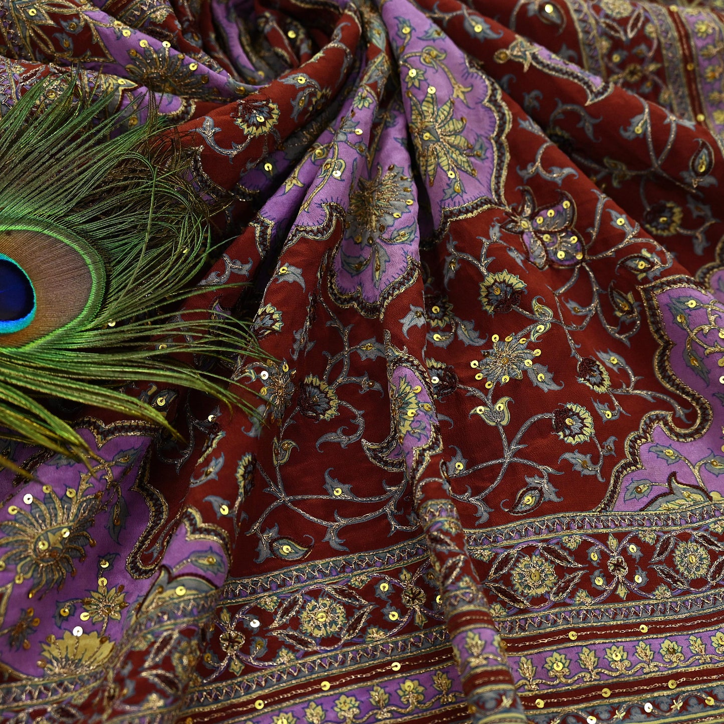 Indian Pre-Owned Sari Brown Pure Crepe Silk Pre-owned Hand Embroidered Ritu Kumar Designer Sarees Fabric 5Yd Ethnic Bollywood Party sari