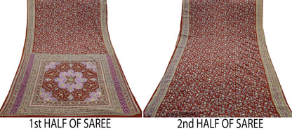 Indian Pre-Owned Sari Brown Pure Crepe Silk Pre-owned Hand Embroidered Ritu Kumar Designer Sarees Fabric 5Yd Ethnic Bollywood Party sari