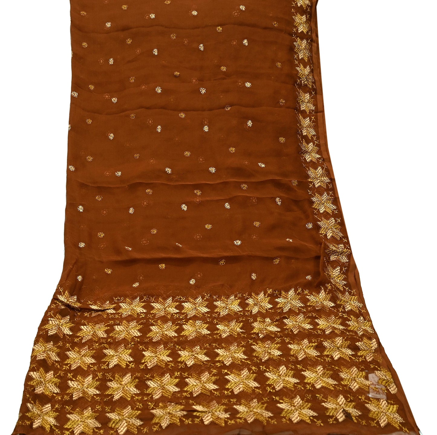 Indian Vintage Brown Dupatta Long Stole Pure Chiffon Silk Hand Embroidered Bagh Phulkari Stole Scarves Golden lace