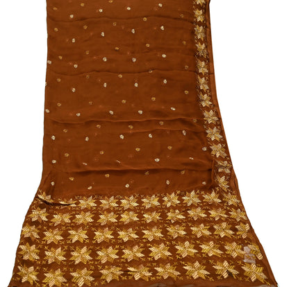 Indian Vintage Brown Dupatta Long Stole Pure Chiffon Silk Hand Embroidered Bagh Phulkari Stole Scarves Golden lace