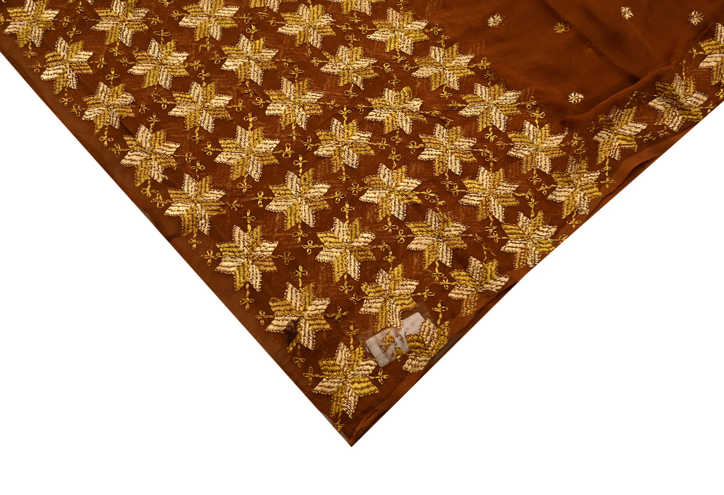 Indian Vintage Brown Dupatta Long Stole Pure Chiffon Silk Hand Embroidered Bagh Phulkari Stole Scarves Golden lace