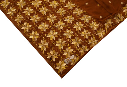 Indian Vintage Brown Dupatta Long Stole Pure Chiffon Silk Hand Embroidered Bagh Phulkari Stole Scarves Golden lace