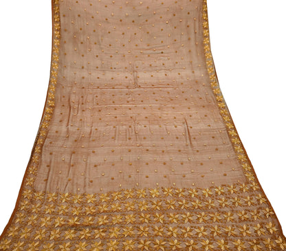 Indian Vintage Brown Dupatta Long Stole Pure Chiffon Silk Hand Embroidered Bagh Phulkari Stole Scarves Golden lace