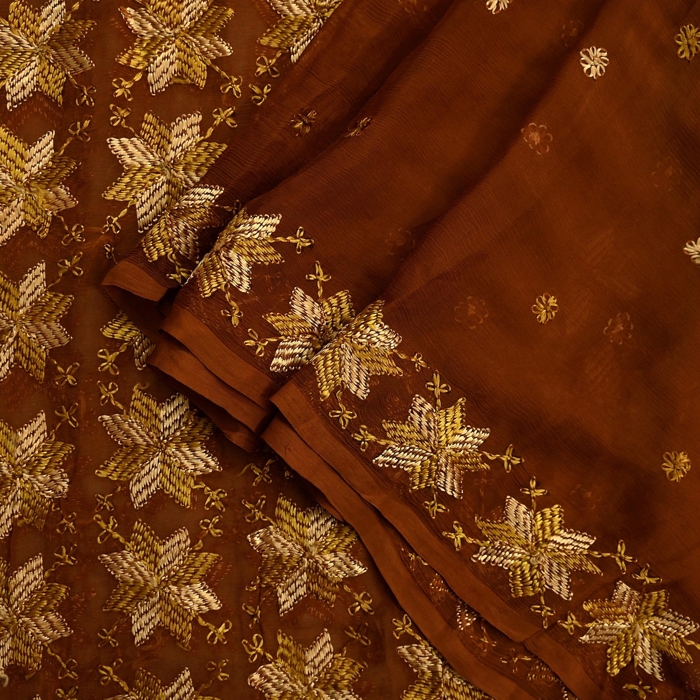 Indian Vintage Brown Dupatta Long Stole Pure Chiffon Silk Hand Embroidered Bagh Phulkari Stole Scarves Golden lace