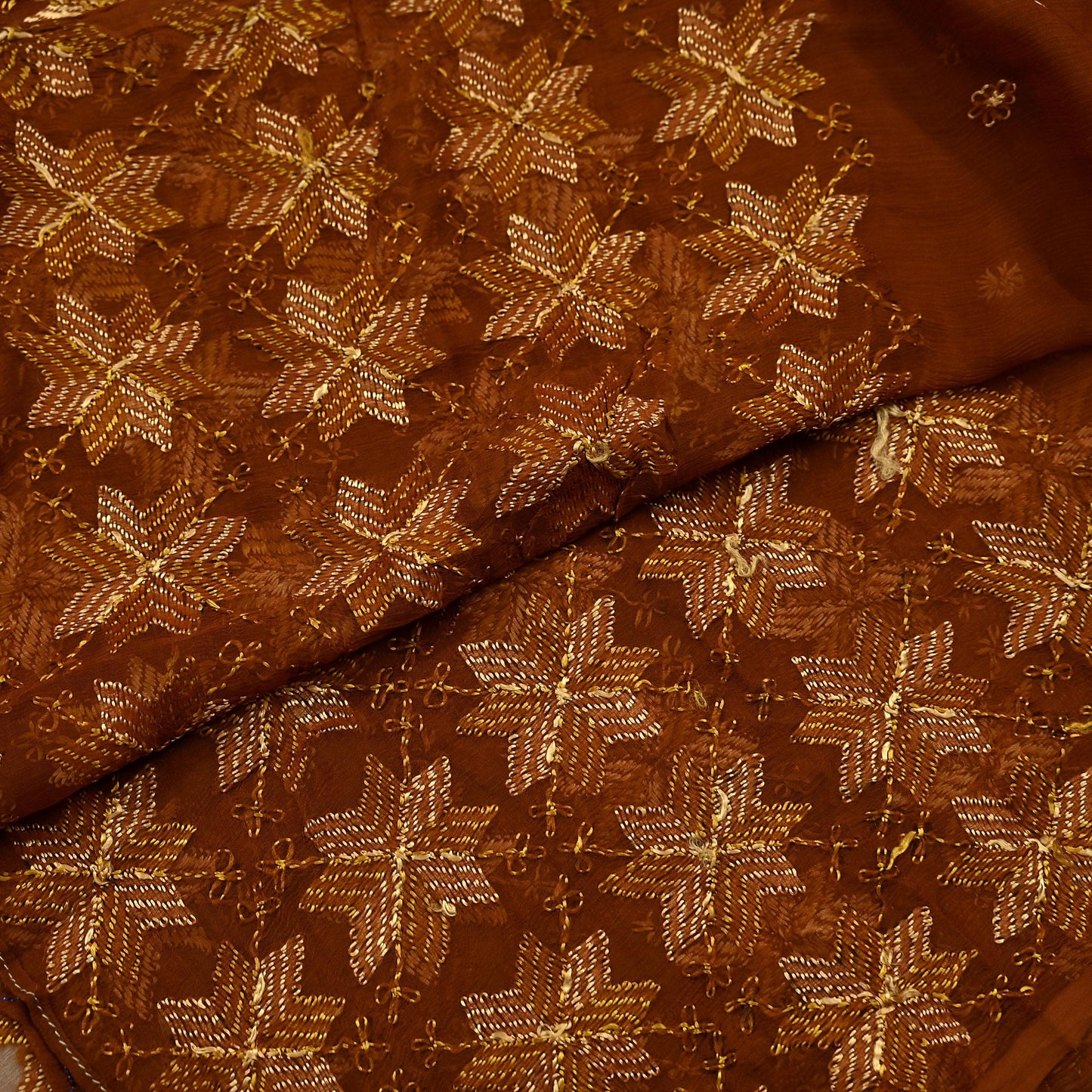 Indian Vintage Brown Dupatta Long Stole Pure Chiffon Silk Hand Embroidered Bagh Phulkari Stole Scarves Golden lace