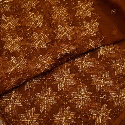 Indian Vintage Brown Dupatta Long Stole Pure Chiffon Silk Hand Embroidered Bagh Phulkari Stole Scarves Golden lace