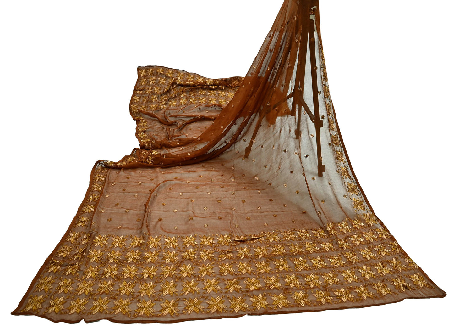 Indian Vintage Brown Dupatta Long Stole Pure Chiffon Silk Hand Embroidered Bagh Phulkari Stole Scarves Golden lace