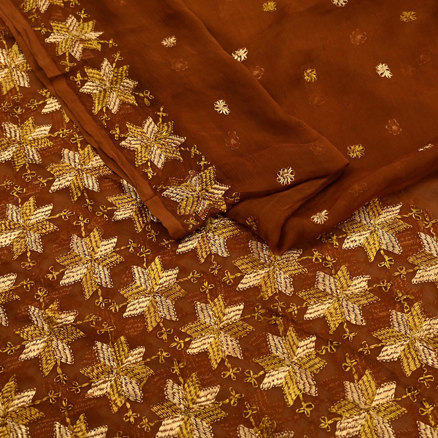 Indian Vintage Brown Dupatta Long Stole Pure Chiffon Silk Hand Embroidered Bagh Phulkari Stole Scarves Golden lace