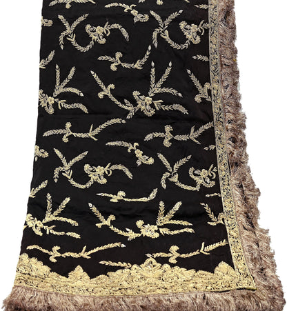 Indian Vintage Heavy Wedding Black Dupatta Pure Satin Silk Long Stole Hand Embroidered Scarves Golden Zardozi Veil Hijab Bridal Dupatta