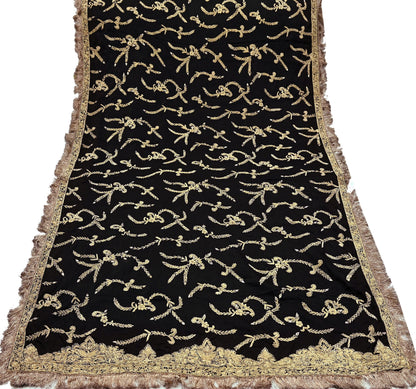 Indian Vintage Heavy Wedding Black Dupatta Pure Satin Silk Long Stole Hand Embroidered Scarves Golden Zardozi Veil Hijab Bridal Dupatta
