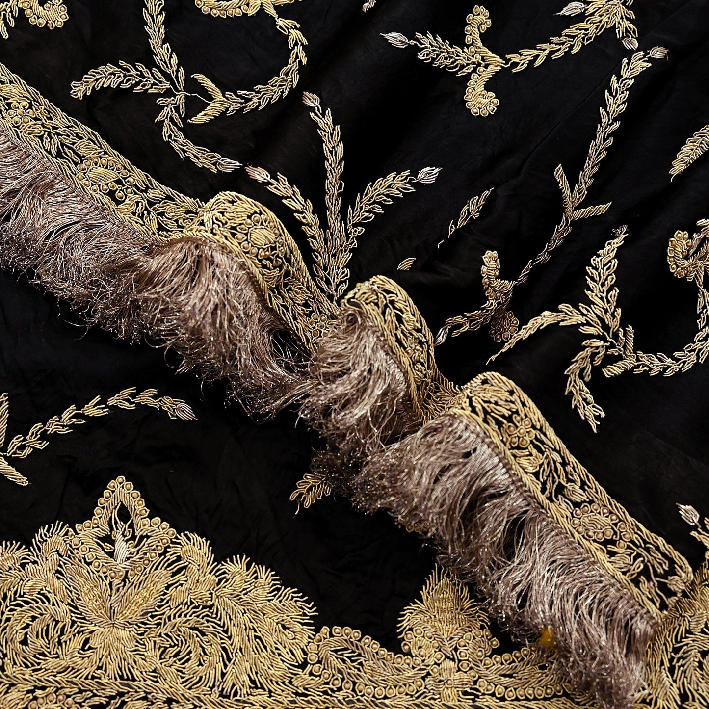 Indian Vintage Heavy Wedding Black Dupatta Pure Satin Silk Long Stole Hand Embroidered Scarves Golden Zardozi Veil Hijab Bridal Dupatta