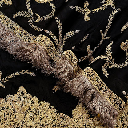 Indian Vintage Heavy Wedding Black Dupatta Pure Satin Silk Long Stole Hand Embroidered Scarves Golden Zardozi Veil Hijab Bridal Dupatta