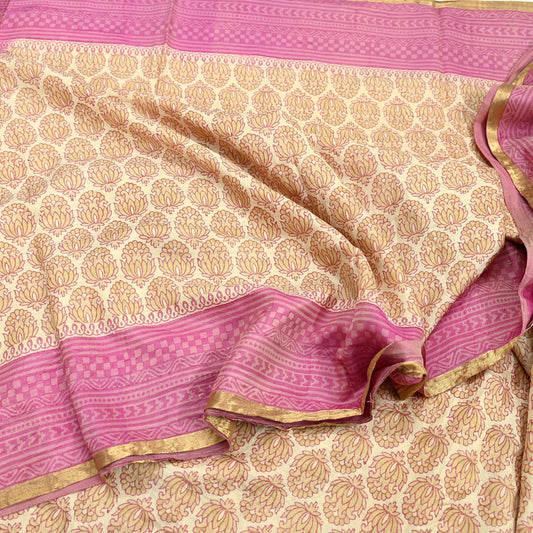Indian Vintage Heavy Sari Beige & Pink Pure Khadi Silk Handloom Saree Craft Fabric 5yd Ethnic Wear Dress making For Crafting Quilting Sewing