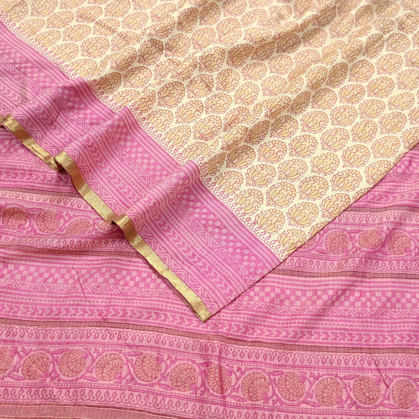 Indian Vintage Heavy Sari Beige & Pink Pure Khadi Silk Handloom Saree Craft Fabric 5yd Ethnic Wear Dress making For Crafting Quilting Sewing