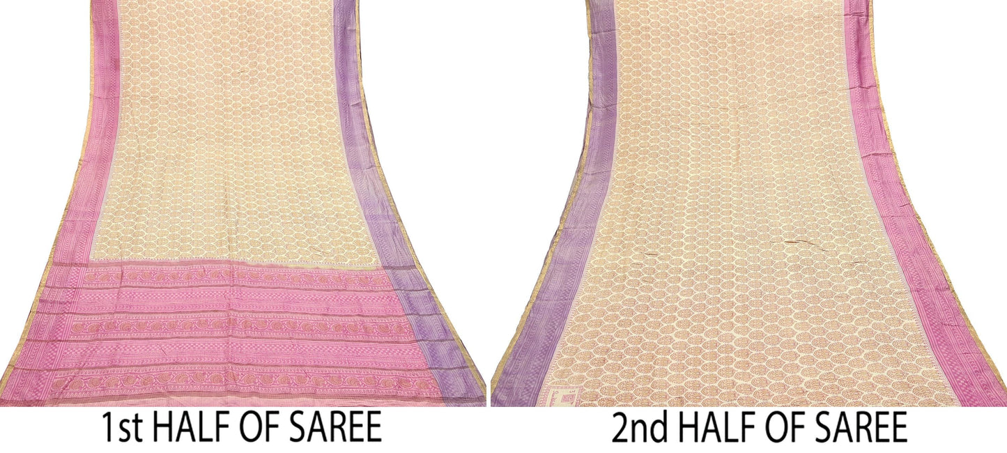 Indian Vintage Heavy Sari Beige & Pink Pure Khadi Silk Handloom Saree Craft Fabric 5yd Ethnic Wear Dress making For Crafting Quilting Sewing