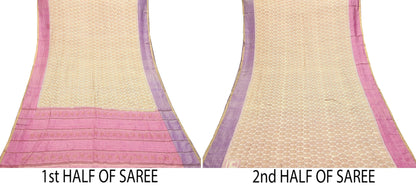 Indian Vintage Heavy Sari Beige & Pink Pure Khadi Silk Handloom Saree Craft Fabric 5yd Ethnic Wear Dress making For Crafting Quilting Sewing