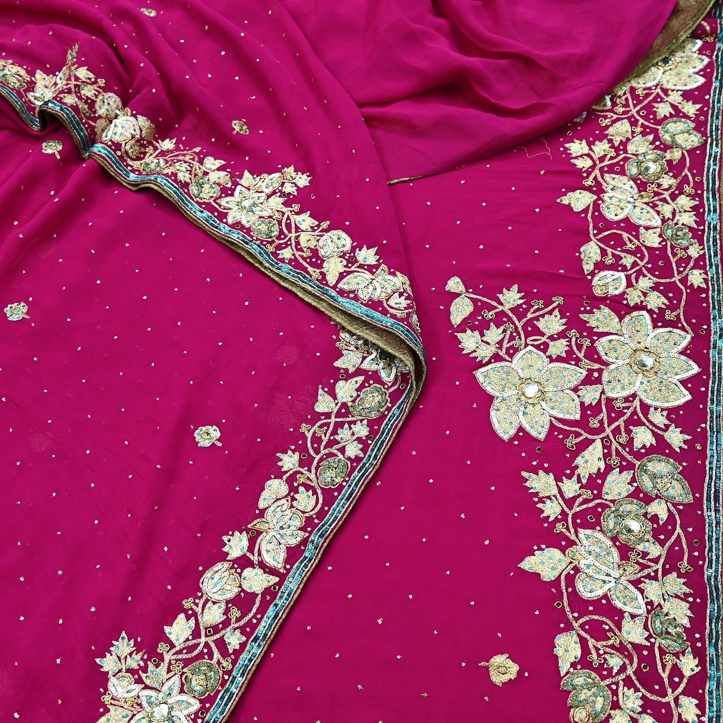 Indian Vintage Heavy Sarees Pink Pure Georgette Silk Hand Embroidered Sari Fabric 5Yd Sewing Ethnic Zardozi/dabka zari With Blouse Pcs