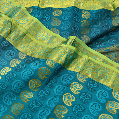 Indian Vintage Heavy Green Kanjivaram Saree 100% Pure Silk Sari Zari 6Yd Craft Fabric Floral Crafting Dress making Crafting Quilting