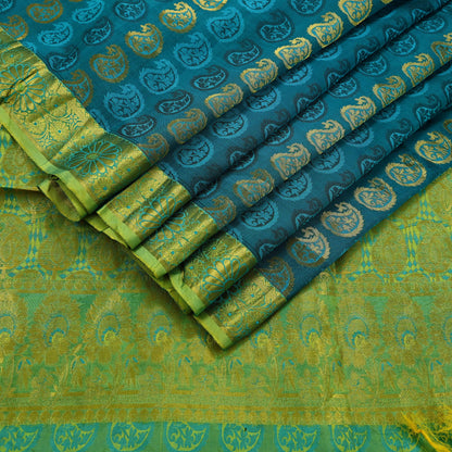 Indian Vintage Heavy Green Kanjivaram Saree 100% Pure Silk Sari Zari 6Yd Craft Fabric Floral Crafting Dress making Crafting Quilting