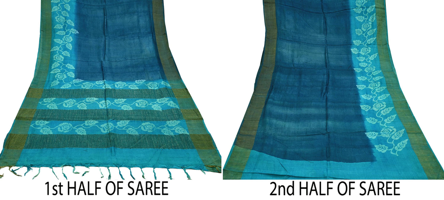 Indian Vintage Blue Saree Pure Khadi Silk Handloom Woven Zari Sari Craft Fabric 5yd Ethnic Wear Border Dress making Upcycle Fringes