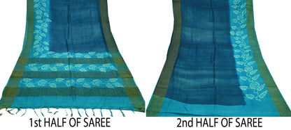 Indian Vintage Blue Saree Pure Khadi Silk Handloom Woven Zari Sari Craft Fabric 5yd Ethnic Wear Border Dress making Upcycle Fringes