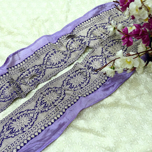 Indian Vintage Purple Sari Border Woven Banarasi 1yd Trim Craft Sewing Recycled Sari Border Silver Zari Pure Silk Home Decor Crafting