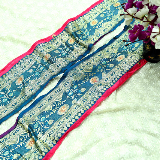 Indian Vintage Sari Border Pink & Blue Woven Banarasi 1yd Trim Craft Sewing Recycled Sari Border Zari pure Silk Home Decor Crafting