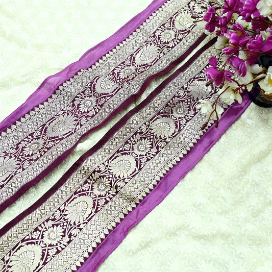 Indian Vintage Wine Sari Border Woven Banarasi 1yd Trim Craft Sewing Recycled Sari Border Silver Zari Pure Silk Home Decor Crafting