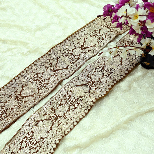 Indian Vintage Brown Sari Border Woven Banarasi 1yd Trim Craft Sewing Recycled Sari Border Golden Zari Pure Silk Home Decor Crafting