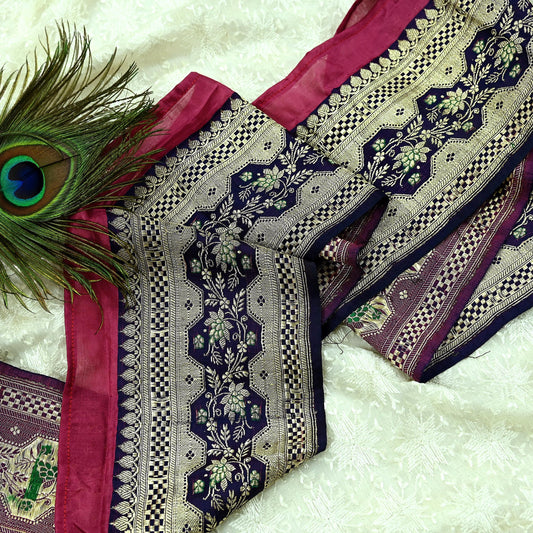 Indian Vintage Sari Border Pink & Blue Woven Banarasi 1yd Trim Craft Sewing Recycled Sari Border Zari pure Silk Home Decor Crafting