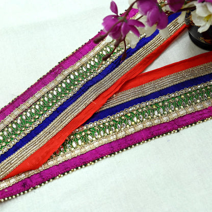 Indian Vintage Multi Sari Border Pure Chiffon Silk Hand Embroidered 1yd Craft Trim Lace Sewing Sari Ribbon Recycled Dress making Zardozi