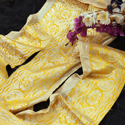 Indian Vintage Yellow Sari Border Woven Banarasi 1yd Trim Craft Sewing Recycled Sari Border Silver Zari Pure Silk Crafting