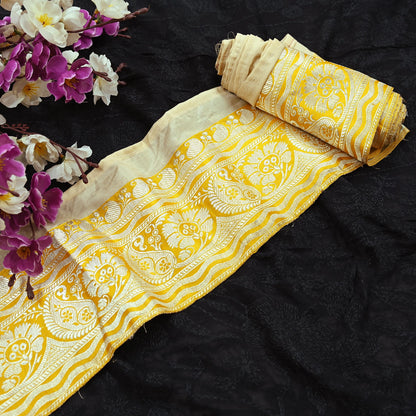 Indian Vintage Yellow Sari Border Woven Banarasi 1yd Trim Craft Sewing Recycled Sari Border Silver Zari Pure Silk Crafting
