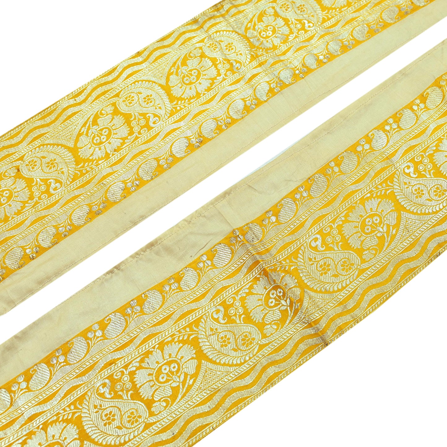 Indian Vintage Yellow Sari Border Woven Banarasi 1yd Trim Craft Sewing Recycled Sari Border Silver Zari Pure Silk Crafting