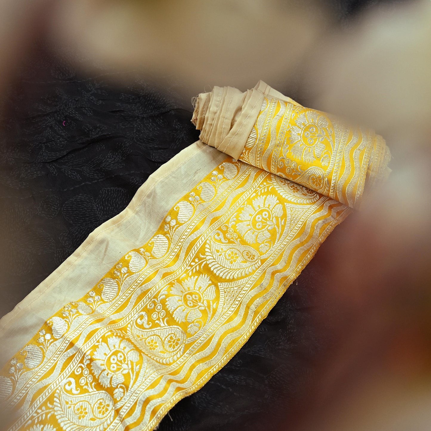 Indian Vintage Yellow Sari Border Woven Banarasi 1yd Trim Craft Sewing Recycled Sari Border Silver Zari Pure Silk Crafting