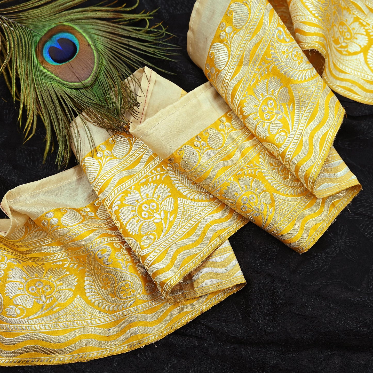 Indian Vintage Yellow Sari Border Woven Banarasi 1yd Trim Craft Sewing Recycled Sari Border Silver Zari Pure Silk Crafting