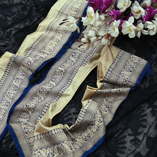 Indian Vintage Sari Border Beige & Blue Woven Banarasi 1yd Trim Craft Sewing Recycled Sari Border Zari pure Silk Home Decor Crafting