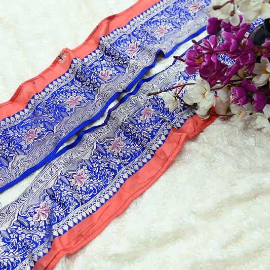 Indian Vintage Blue Sari Border Woven Banarasi 1yd Trim Craft Sewing Recycled Sari Border Golden Zari Pure Silk Home Decor Crafting