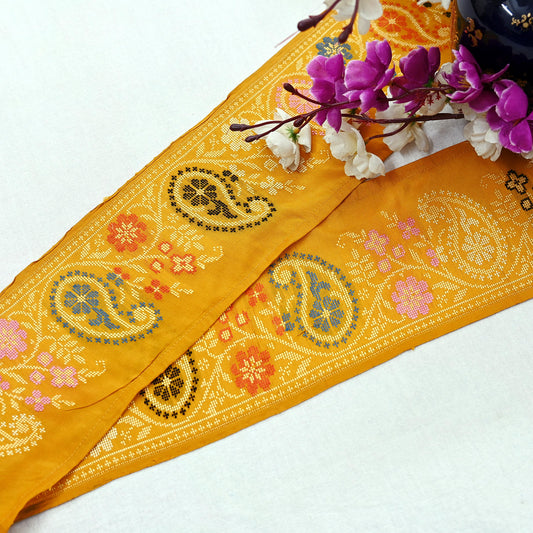 Indian Vintage Mustard Saree Border Hand Embroidered 1yd Sari Border Craft Trim Lace Sewing Sari Ribbon Recycled Decor Floral