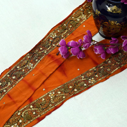 Indian Vintage Orange Sari Border Hand Embroidered Indian Craft Trim Lace Sewing Sari Ribbon Pure Crepe silk  Zardozi/Dabka Zari