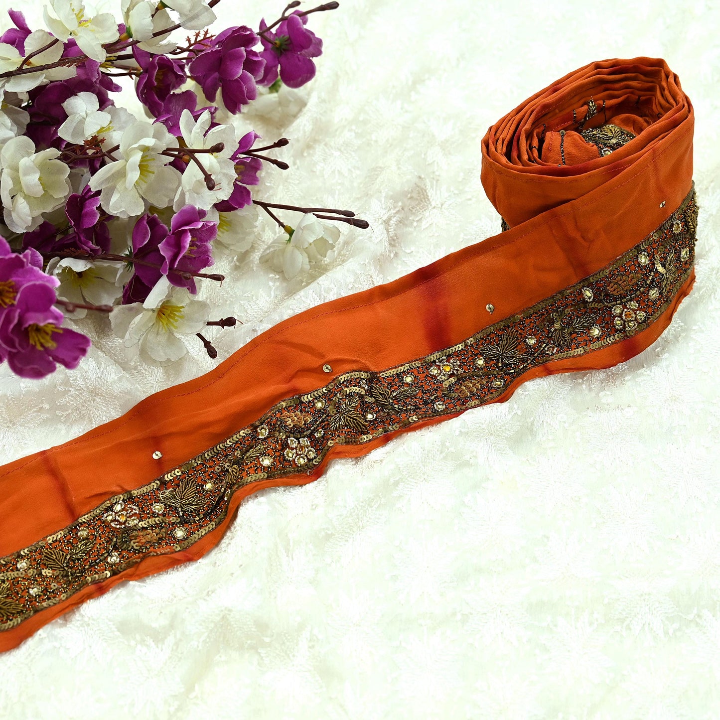 Indian Vintage Orange Sari Border Hand Embroidered Indian Craft Trim Lace Sewing Sari Ribbon Pure Crepe silk  Zardozi/Dabka Zari