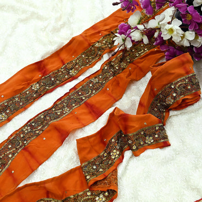 Indian Vintage Orange Sari Border Hand Embroidered Indian Craft Trim Lace Sewing Sari Ribbon Pure Crepe silk  Zardozi/Dabka Zari